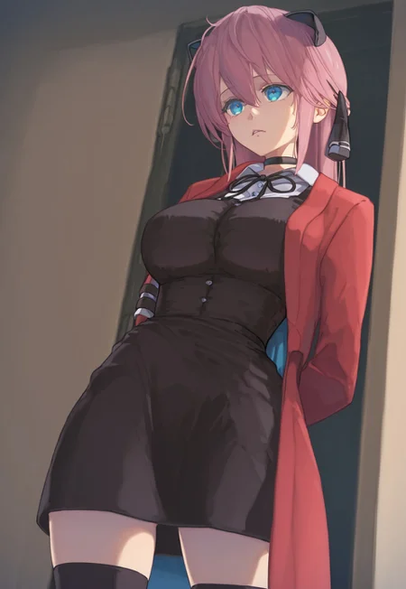 Masterpiece, best quality, ultra-detailed, expressive. anime, anime, anime, 1girl, solo, Vivi, pink hair, blue eyes, large breasts, choker, black ribbon, red coat, white shirt, bangs, short skirt, black thighhighs, black dress,