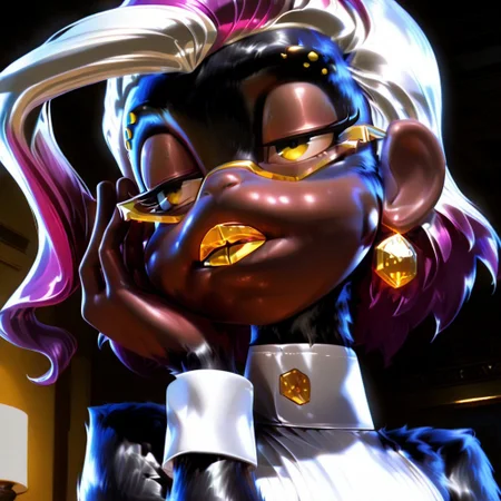 masterpiece, best quality, amazing quality, very aesthetic, absurdres, newest, scenery, volumetric lighting, perfect eyes, ultra detailed,
1girl, furry, monkey furry, black fur, pompadour, white hair, short hair, pink and purple hair highlights, gold eyebrow piercing, gold glasses, gold lips, gold earrings, gold eyes, empty hands, monkey nose, long arms, purple tail, bedroom eyes, chrome_core_style, from front, kiss-shot,