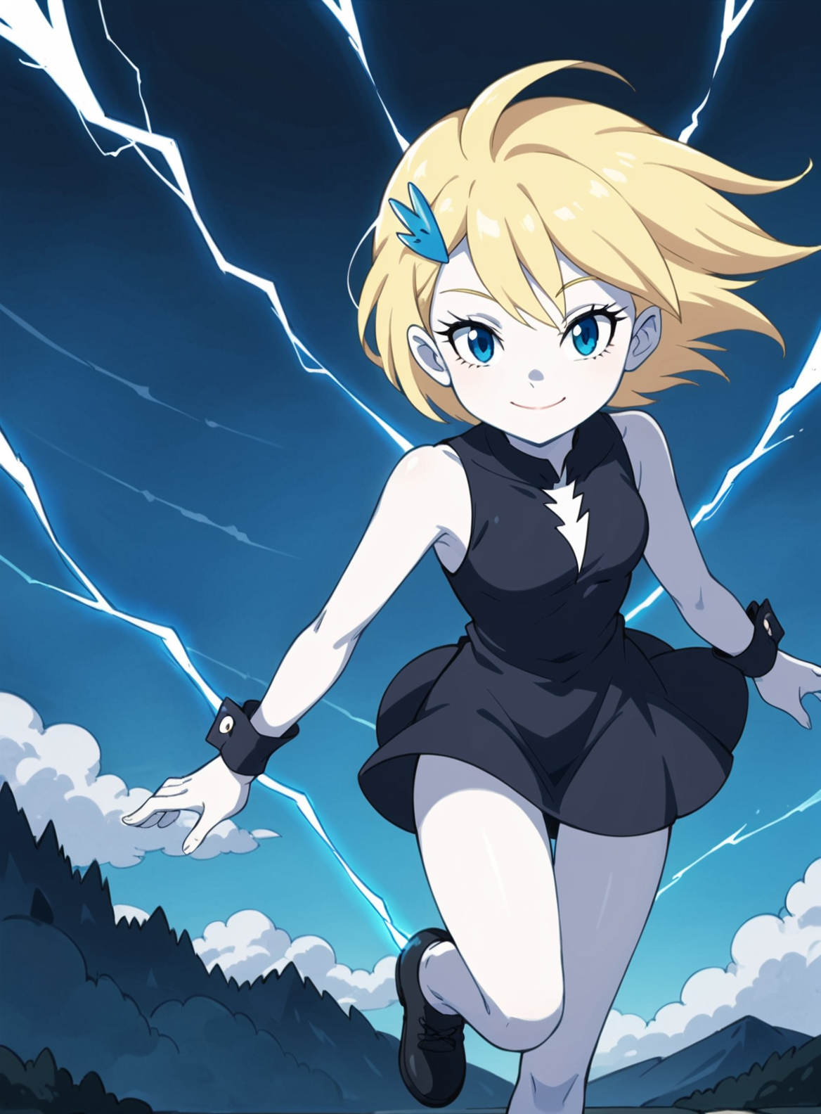 score_9, score_8_up, score_7_up,  source_anime BREAK, 1girl, solo, solo focus, windy(dragon tales), windypony, monster girl,  white skin, blue eyes, blonde hair.  short hair, sidelocks, blue sky, full body, Black cloud dress, dress made out of black clouds, short dress , Sleeveless dress, sleeveless, black footwear, shoes, Standing   smile, closed mouth, Electricity,  electrokinesis, hair between eyes , lightning hair pin, electricity in hair, glowing hair, wrist cuffs, thunderstorm, tornado,  lightning,  wind,  looking at viewer,  floating,  black clouds covering the sky, dark clouds, night, close up, pov,  <lora:Windy_the_whistling_wind_dragon_tales:0.9>