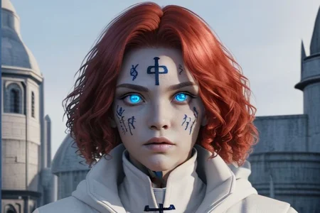 bright red hair, human female, (feminine:1.7), (beautiful face, detailed face:1.6), (beautiful eyes, detailed eyes:1.7), (looking at viewer, eye contact, intense:1.6), (long hair, red hair, curly hair:1.3), , ((masterpiece, best quality, high resolution, realistic, best quality,)), photo realistic, Perfect Face, (detailed face). <lora:GoodHands-vanilla:0.6> <lora:add-detail-xl:0.8>, mage, (Dress White military uniform coat), dagger, rune dagger, glowing runes, , (((glowing magic symbols tattoos, religious tattoos))), ((face tattoos)), glowing tattoos, stone tower in the background