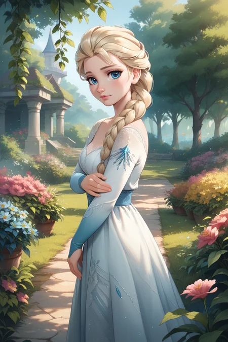 score_9, score_8_up, score_7_up,
<lora:DisneyElsa:0.8>
DisneyElsa, 1girl, blonde hair, blue eyes, braid, looking at viewer, standing in a sunlit garden, surrounded by blooming flowers, soft focus background with bokeh, gentle breeze rustling through leaves, romantic and dreamy ambiance