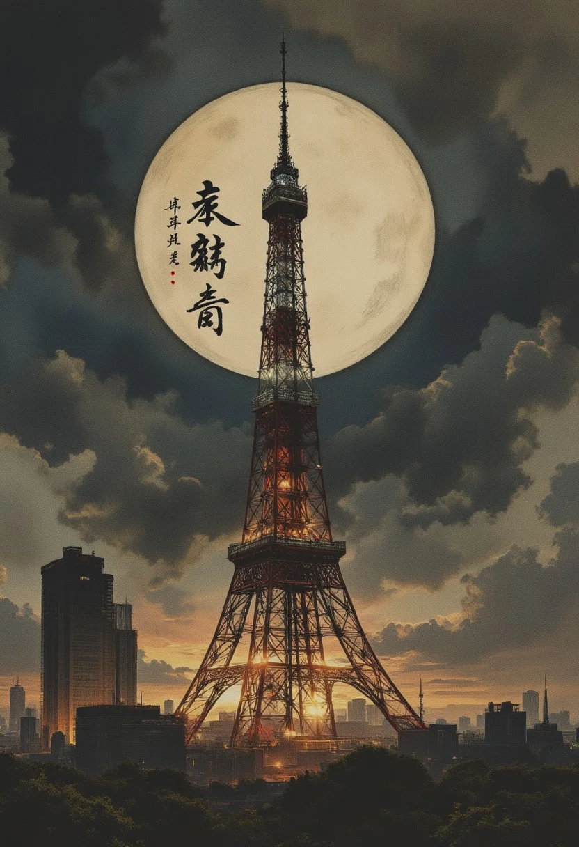 OBxiaoxiang, Silhouette Art, magnificent, dark background, inksketch on rice paper, detailed image of Tokyo Tower, gradient colour background, Japanese kanji