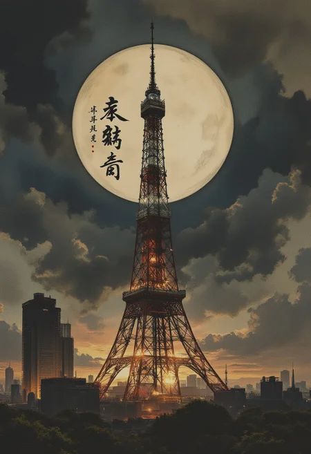 OBxiaoxiang, Silhouette Art, magnificent, dark background, inksketch on rice paper, detailed image of Tokyo Tower, gradient colour background, Japanese kanji