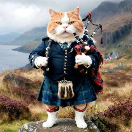 ((full body)), Fat cat in Scottish national costume, playing bagpipes, Scotland <lora:xl_more_art-full_v1:1>, action-packed background