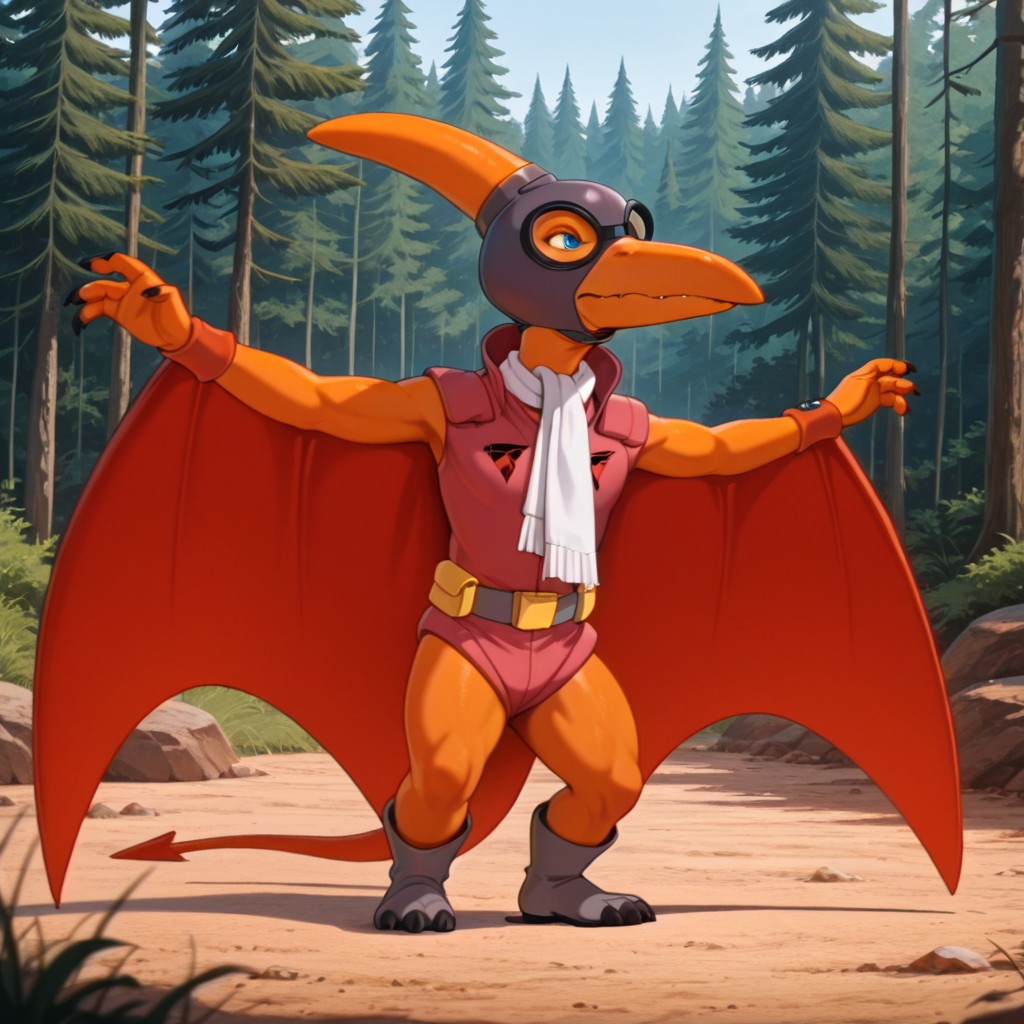 masterpiece, best quality, amazing quality, DactylDsil, anthro, male, pterosaur, orange skin,blue blue eyes, winged arms, dark orange wings, red leotard, white scarf, black goggles, grey aviation helmet, grey boots, dark orange wristbands, grey belt, yellow belt pouch standing, outstretched arms, forest, solo, 1boy, full body, <lora:2db58000-6c48-484a-9ab9-add81e460ad9:1.0>