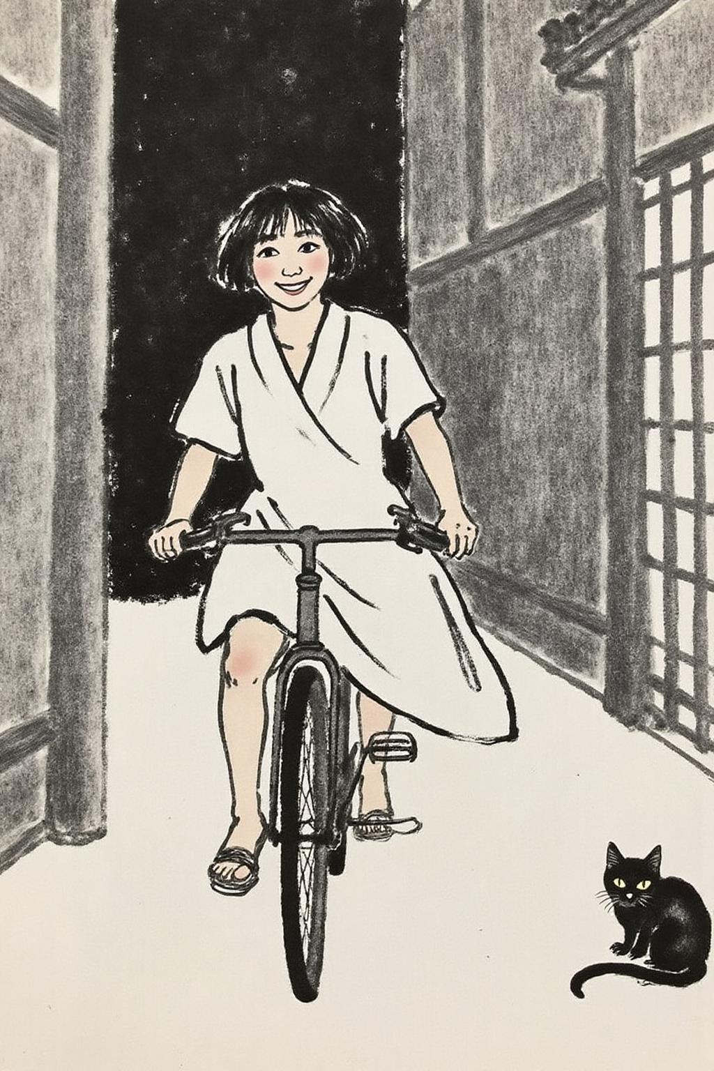 qbs1 ink wash painting
A Japanese school girl riding a old style bicycle through a narrow, quiet street at night. The happy woman wears a simple, flowing dress. In the corner, a small black cat with piercing eyes sits watching her quietly. The mood is tranquil and slightly magical.  <lora:qbs1_cap_d6a3e12:1.0><lora:818432003088161980:0>