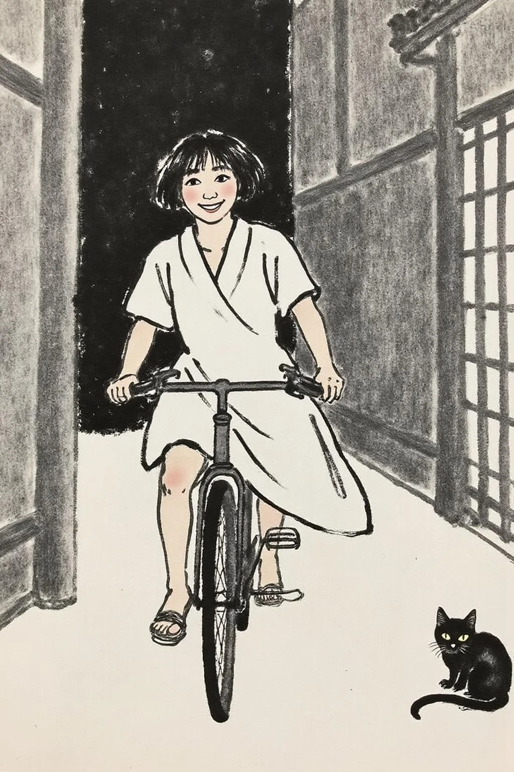 qbs1 ink wash painting
A Japanese school girl riding a old style bicycle through a narrow, quiet street at night. The happy woman wears a simple, flowing dress. In the corner, a small black cat with piercing eyes sits watching her quietly. The mood is tranquil and slightly magical. <lora:qbs1_cap_d6a3e12:1.0><lora:818432003088161980:0>