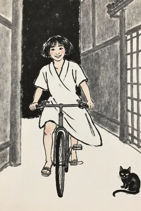 qbs1 ink wash painting
A Japanese school girl riding a old style bicycle through a narrow, quiet street at night. The happy woman wears a simple, flowing dress. In the corner, a small black cat with piercing eyes sits watching her quietly. The mood is tranquil and slightly magical. <lora:qbs1_cap_d6a3e12:1.0><lora:818432003088161980:0>