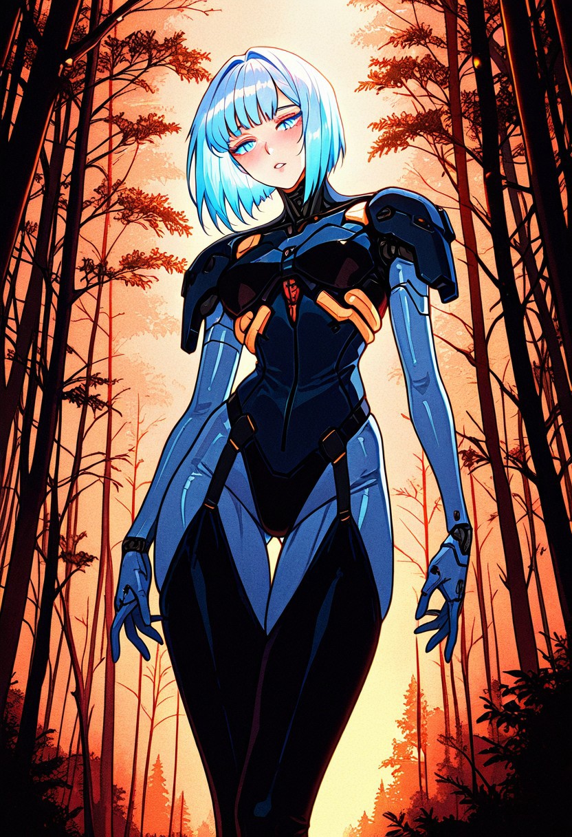 1girl solo masterpiece best quality amazing quality very aesthetic absurdres adult woman (mature:0.4) slender (long legs:0.8) (proportional body:1.1) (realistic anatomy:0.7) choppy bob bangs (wide-eyed:0.6)light blue clear pupils long eyelashes (medium lips:0.9) slightly parted lips light blush from behind dynamic pose warm golden hour lighting forest atompunk sketch retro_artstyle retro anime 1990s (style) film grain cel shading (rough rendering:0.85)(organic linework:0.8)(minor asymmetry:0.4), retro_artstyle retro cyberpunk, iuui
