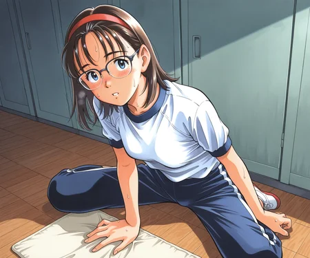 masterpiece, best quality, amazing quality, , 1girl, solo, gym uniform, pants, looking at viewer, medium hair, glasses, <lora:Kurita Yuugo style ILL-v2:1> kuritayuugo,