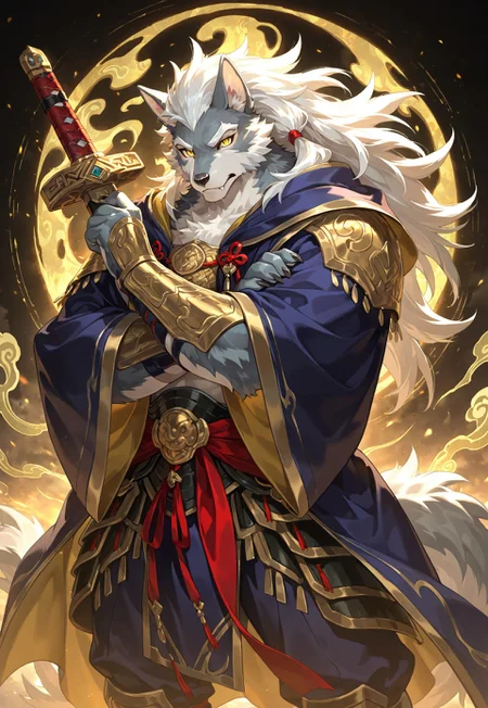 (masterpiece, best quality, ultra-detailed:1.3), 
(traditional chinese art:1.2),(wolf man:1.4), (male anthro wolf:1.3), (scales and fur:1.1), 
fierce golden eyes, (long white hair:1.1), (flowing robes:1.2), 
(dynamic pose:1.1), (holding a guandao:1.1), (misty mountain background:1.0), 
(black ink splatters:0.8), (subtle red accents:0.7), 
,(armored scales:1.2)`, `(battle pose:1.3)`,(misty background:0.7),muscle,grey skin,scalie, scales,furry characters, game cg,hair tie,