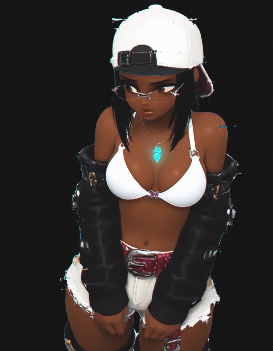aija_bikini_top, white bikini top, aija_backward_cap, aija_detached_sleeves, aija_shorts, aija_accessories, aija_belt, aija_boots, necklace,  glasses, brown eyes, solo, bunker, Cheek-to-breast, ,(vivid high contrast colors), short cartoony simplistic art style mix, wakfu, (speedoru:0.6), (diives:0.7),
 <lora:Aijalon_FFXIV_OC_Solution_9_WHM:0.7>     <lora:XXX477:1> xxx667_illu, glowing, glitch