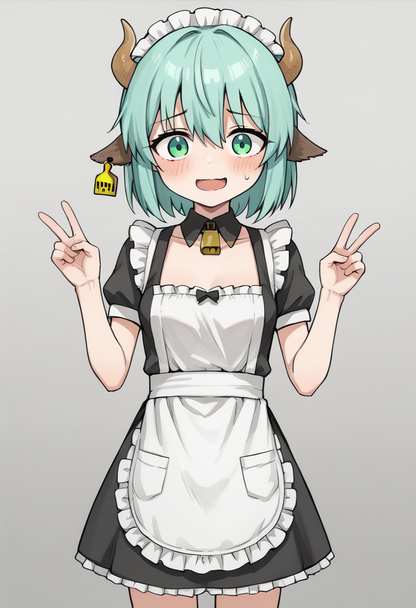 score_9, score_8_up, score_7_up, source_anime, <lora:MockTurtleDialogueBS2pony:0.7>, MockTurtleDialog67ue, 1girl, solo, animal ears, ear tag, green eyes, cow ears, horns, breasts, v, short hair, small breasts, cow horns, bangs, looking at viewer, green hair, blush, nervous smile, open mouth, aqua hair, hair between eyes, gray background, gradient background, housemaid, cowboy shot standing