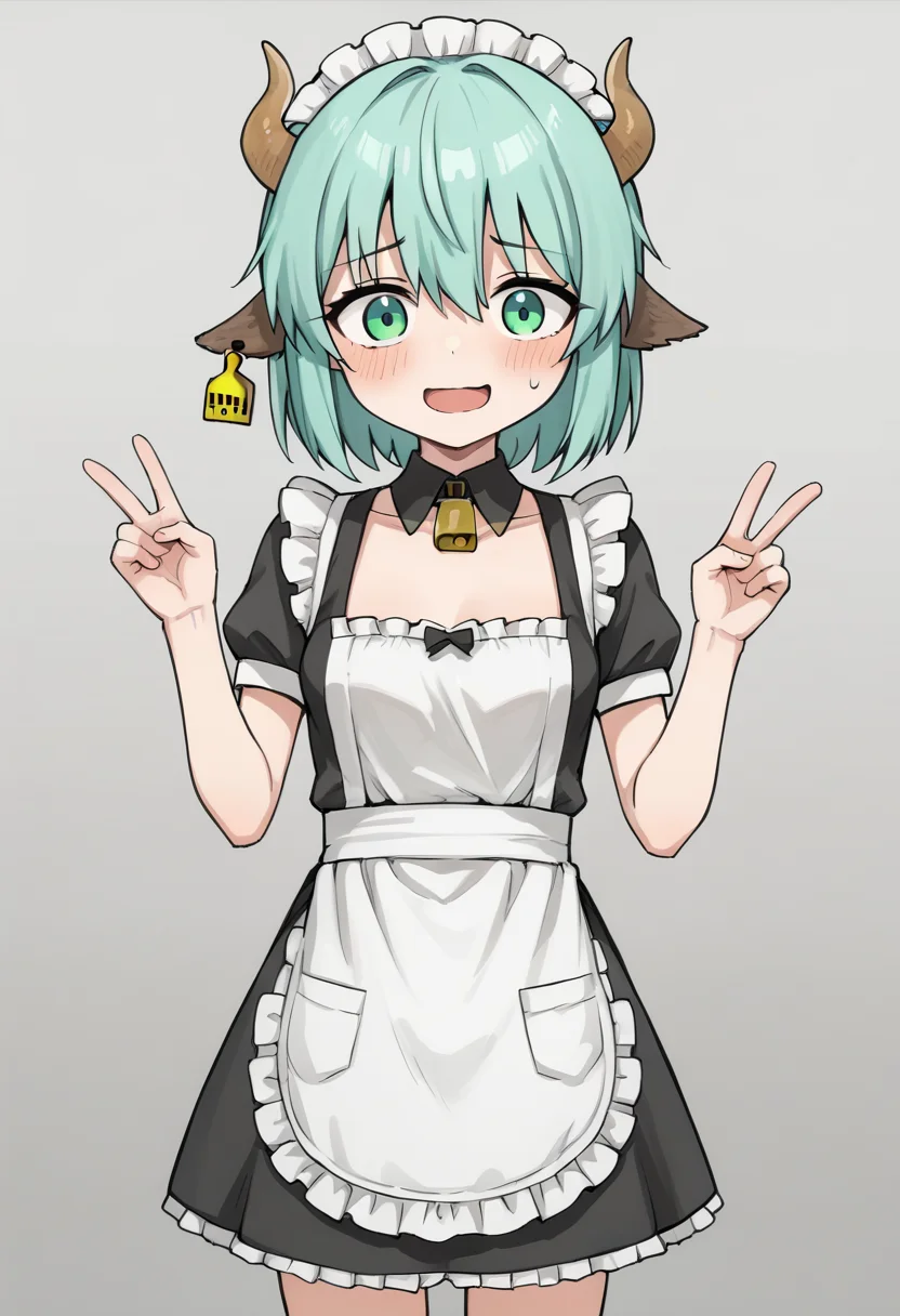 score_9, score_8_up, score_7_up, source_anime, <lora:MockTurtleDialogueBS2pony:0.7>, MockTurtleDialog67ue, 1girl, solo, animal ears, ear tag, green eyes, cow ears, horns, breasts, v, short hair, small breasts, cow horns, bangs, looking at viewer, green hair, blush, nervous smile, open mouth, aqua hair, hair between eyes, gray background, gradient background, housemaid, cowboy shot standing