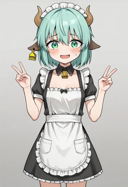 score_9, score_8_up, score_7_up, source_anime, <lora:MockTurtleDialogueBS2pony:0.7>, MockTurtleDialog67ue, 1girl, solo, animal ears, ear tag, green eyes, cow ears, horns, breasts, v, short hair, small breasts, cow horns, bangs, looking at viewer, green hair, blush, nervous smile, open mouth, aqua hair, hair between eyes, gray background, gradient background, housemaid, cowboy shot standing