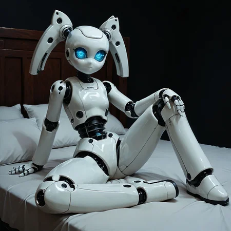 embedding:urn:air:sd1:embedding:civitai:222256@250708, [[drosselvonflugel]],sitting on bed, seductive pose, knees, feet, gesturing, warm photo, score_9,score_8, detailed closeup, hands beckoning, cute robot girl, medium twintails, glossy white plastic body panels, LED optic eyes, Roboticizer,atompunk