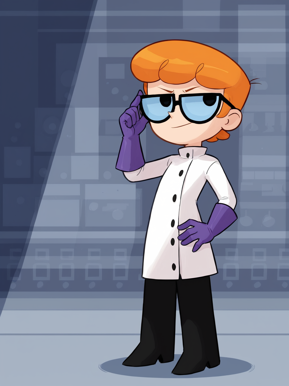<lora:dexter:0.8>,solo,lab coat,purple_elbow gloves,eyewear,orange hair,dexter,black pants,round eyewear,adjusting eyewear,
