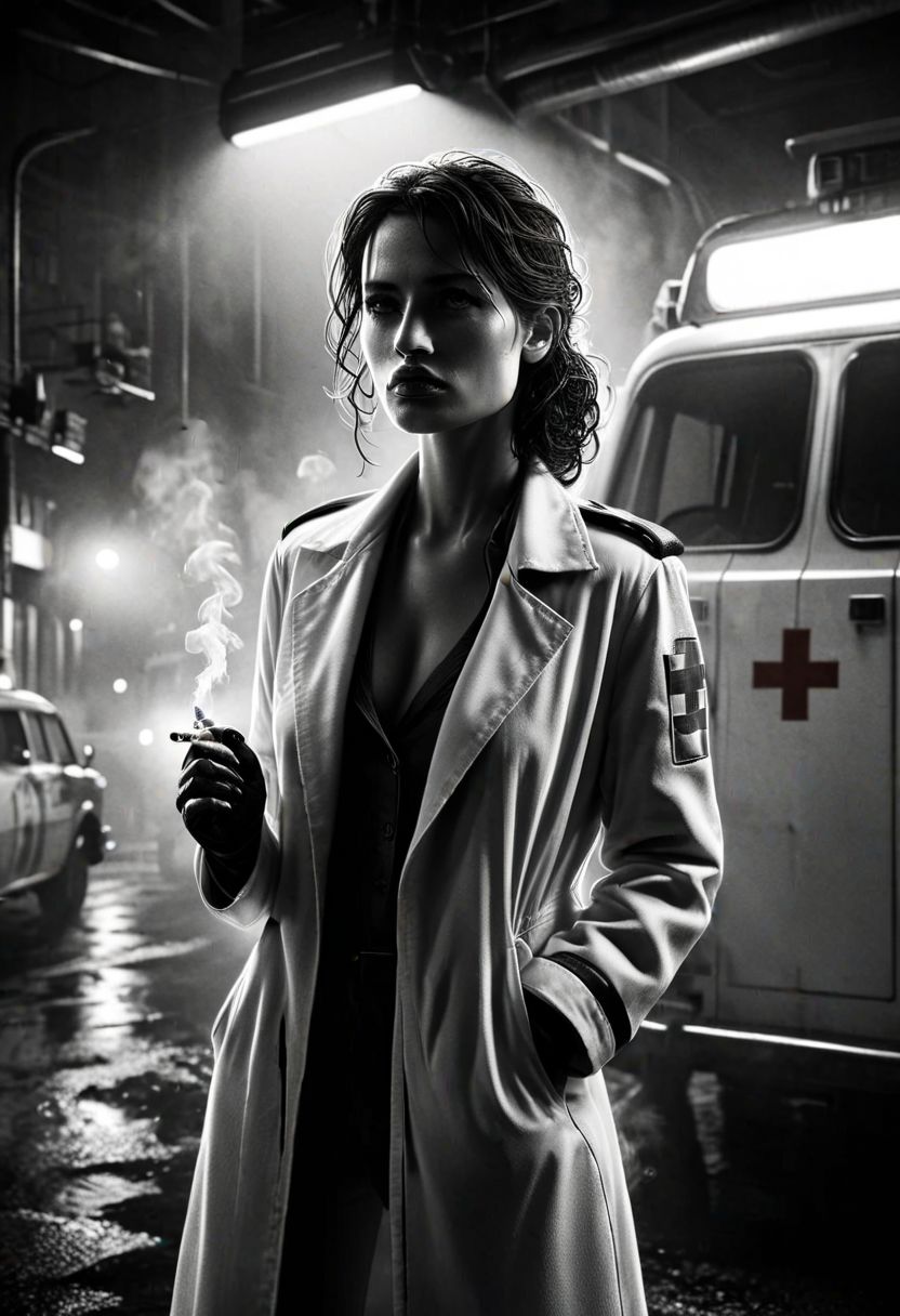 Masterpiece, realistic, Cinematic upper body photo from: 
female  ambulance doctor, driver, leaning on the futuristic ambulance van with red cross, (smoking a cigarette:1.2).
She wears white medical uniform and coat with (red cross:1.7), trousers and military boots. Hair into face. concerned. 
Black and white. Sin city comics style, mad-sincity, we can't see eyes. 
Cinematic, high resolution, detailed background, upper body shot , Cinematic Lighting, JuggernautNegative,, OverallDetail, realisticvision-negative-embedding, indoor light, 4ng3l face, bokeh, Movie Still, Film Still,