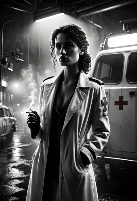 Masterpiece, realistic, Cinematic upper body photo from: 
female  ambulance doctor, driver, leaning on the futuristic ambulance van with red cross, (smoking a cigarette:1.2).
She wears white medical uniform and coat with (red cross:1.7), trousers and military boots. Hair into face. concerned. 
Black and white. Sin city comics style, mad-sincity, we can't see eyes. 
Cinematic, high resolution, detailed background, upper body shot , Cinematic Lighting, JuggernautNegative,, OverallDetail, realisticvision-negative-embedding, indoor light, 4ng3l face, bokeh, Movie Still, Film Still,