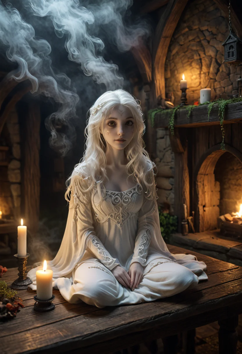 A 50mm  image in a WhiteMold style, looks 3D printed in a wonderful aesthetic white, Forest Ghost, with high detailed and beautiful eyes set in a cozy candlelit medieval tavern, a dynamic sleeping pose and an nervous expression. The scene is illuminated by Ghostly fog illumination, enhancing the intense atmosphere. mist curling around the characterâs feet. Combining traditional hand-drawn aesthetics with digital ultra-HD refinement, capturing every intricate nuance in 8K. Every feature is carefully sculpted, preserving the soul of the subject in exquisite resolution., <lora:add-detail-xl:0.5>,  <lora:xl_more_art-full_v1:0.8>, <lora:3DPrintingXL:1>,