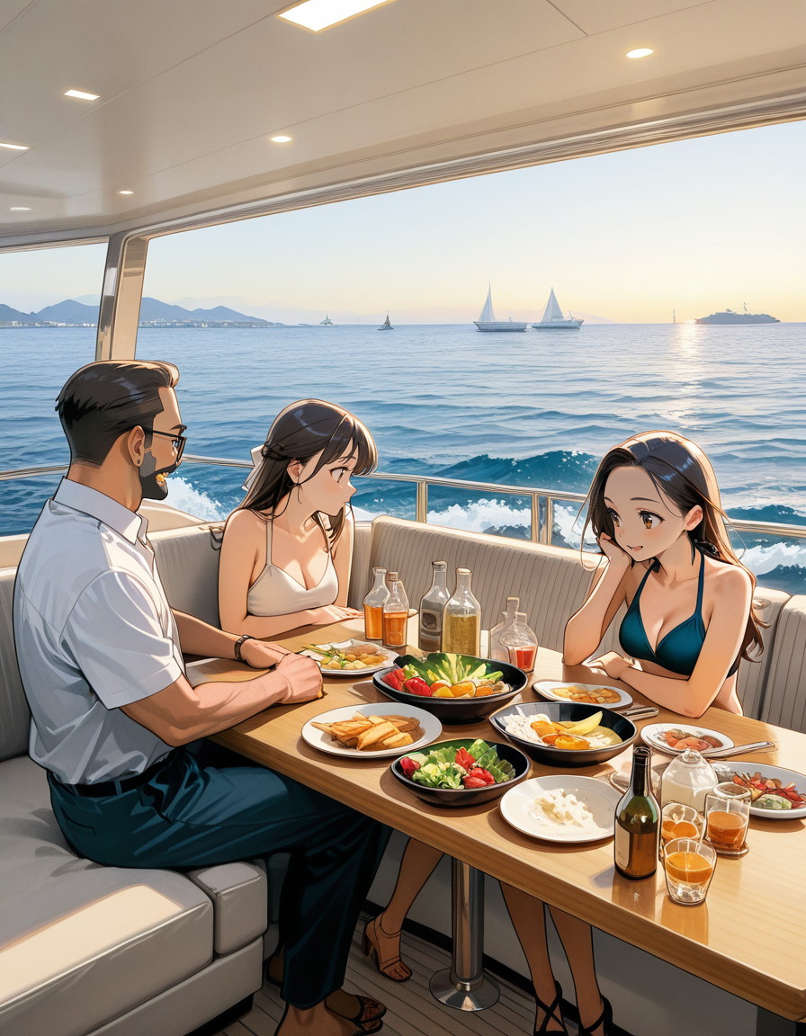 score_7_up, anime BREAK official art, 
<lora:Luxury_yacht-000008:1>, Luxury yacht, 
multiple boys, table, 2boys, ocean, food, sitting, 1girl, multiple girls, sofa, 
(masterpiece:1.3), best quality, high resolution, unity 8k wallpaper, extremely detailed CG, 8K, (watercolor \(medium\), muted color, sketch:1.1), perfect anatomy, highly finished, masterpiece, best quality, high quality, amazing quality, great quality, very aesthetic, ultra detailed, highres, absurdres, highly detailed, highly detailed background,