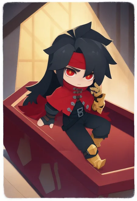 masterpiece, best quality, solo, 1boy, looking at viewer, <lora:style_onmyoji_illustriousXL-GLoRA:1>, onmyojistyle, chibi, white border, diamond-shaped pupils, <lora:Vincent-valentine-illus_Fp:1>, vincentff7, black hair, red eyes, long hair, red headband, red cloak, buckle, black shirt, black pants, single gauntlet, multiple belts, single fingerless glove, sitting, indoors, coffin, armored boots, basement,