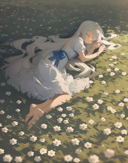 <lora:potgXLlokr4f:1>,masterpiece,best quality,long hair,solo,lying,flower,1girl,dress,on side,white hair,white flower,white dress,sleeping,field,very long hair,outdoors,flower field,barefoot,blue flower,