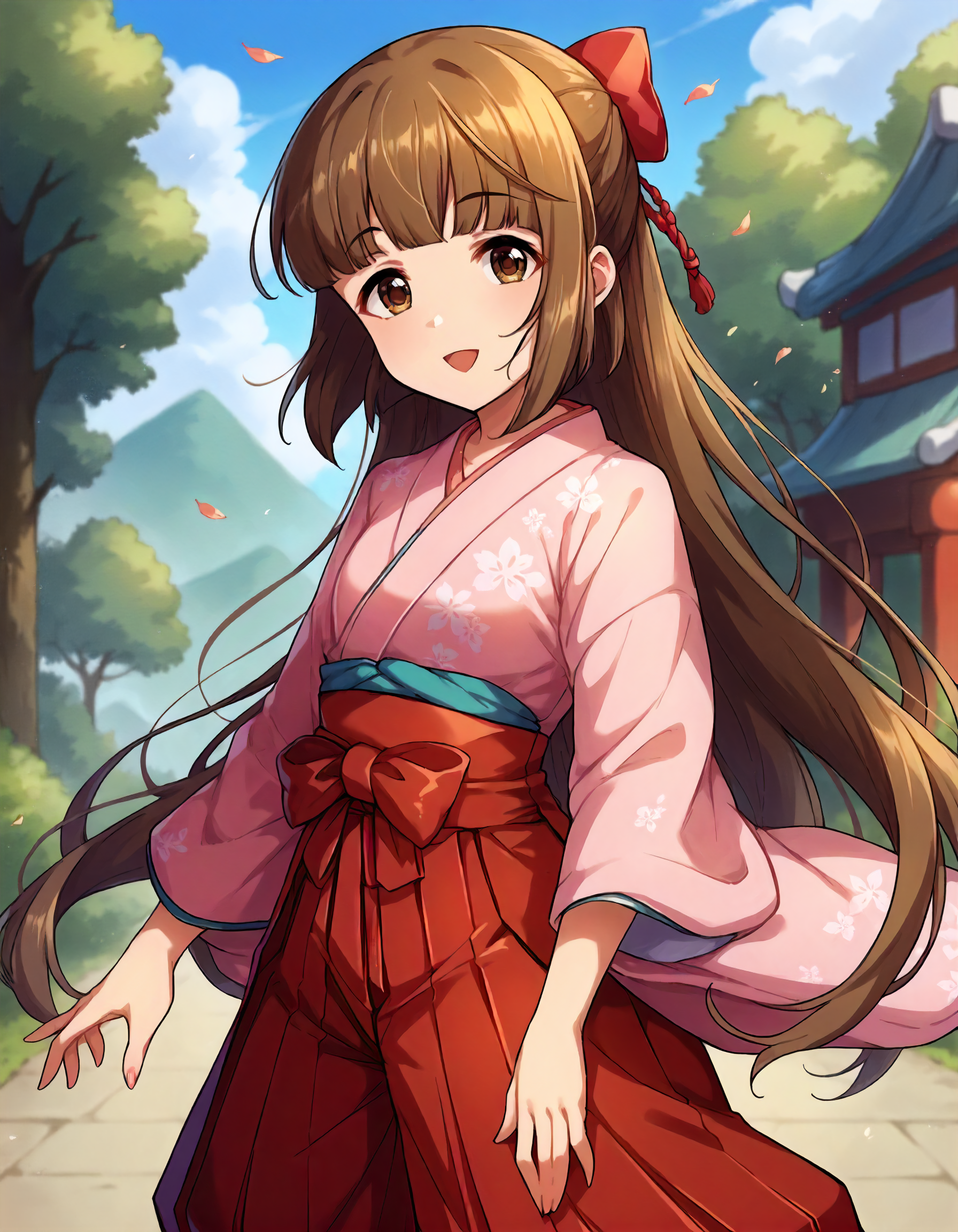 score_9,score_8_up,score_7_up,1girl,solo,standing,looking at viewer,(smile:0.6),open mouth,outdoors,
<lora:yoritayoshino_ponyXLV6:0.8>,cgyy,
brown hair,blunt bangs,long hair,half updo,brown eyes,small breasts,
hair bow,red bow,pink kimono,red hakama