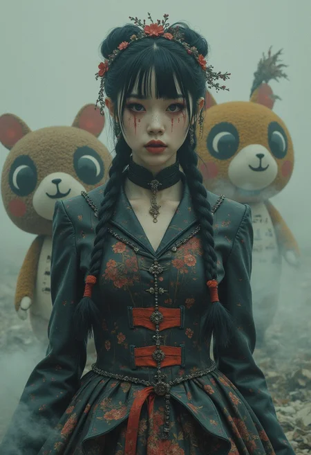 creepy, decrepit, fog, psychological, dutch angle, (surrealism painting: 1.1), (A Japanese woman with braid and light bang, who is very, very beautful. She wears a spectacular gothic dress that is adorned with very, very interesting colors. However, there's something off about her, like pale skin, mismatched and empty eyes, and something darker, yet darker. Around her is a lot of fog. Behind her is some kind of mascot that looks really weird)