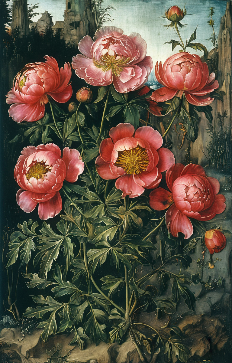 masterpiece,best quality,<lora:tbh183-sdxl:0.8>,illustration,style of Albrecht Durer, decaying peonies