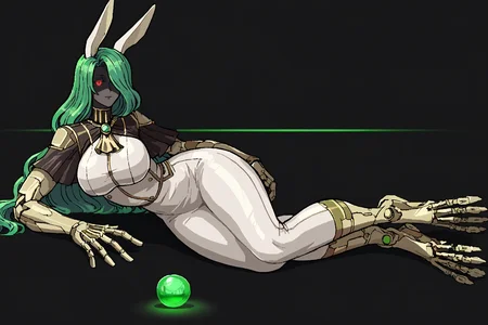 score_9, score_8_up, score_7_up, score_6_up, score_5_up, score_4_up, BREAK, source_anime, solo, 1girl, rating_safe, ((mature female)), ((long green flowing hair)), mechanical parts, ((plastic, polymer, metal body)), (big mechanical rabbit ears), mature female, (bunny ears), (animal ears), subdermal port, ((milf, mature female, big breasts)), hexagon lines in skin, naval uniform overcoat, naval uniform, white military uniform, dress_uniform, ribbons, ((red eyes)), bunny tail, rabbit tail, aiguillette, ((green hair)), ascot, ((Still Life Perspective shot, Lying on the side, pretending to look at a magic crystal ball )), pilot suit, shoulder cutout, bunny rabbit Tail, ((hair over one eye, )), digitigrade, clawed feet, minimal clothes, ((metal skin, shiny skin, vampire aesthetic, digital eyes, filled eyes, monochromatic eyes, glowing eyes, colored sclera, red sclera, mechanical eyes, partially shaded face, slit pupils, angular, minimal face, minimalism, narrow eyes, large eyes)), (anubis \(mythology\), anubis \(mythology\), ), <lora:Pony_DetailV2.0:1.5>, <lora:age_slider_v4:4>, ((dark, shaded, black background, horror, GREEN HAIR,)) <lora:ECHANIS:0.7>,  <lora:Valmardraws:1> by valmardraws, pixel art