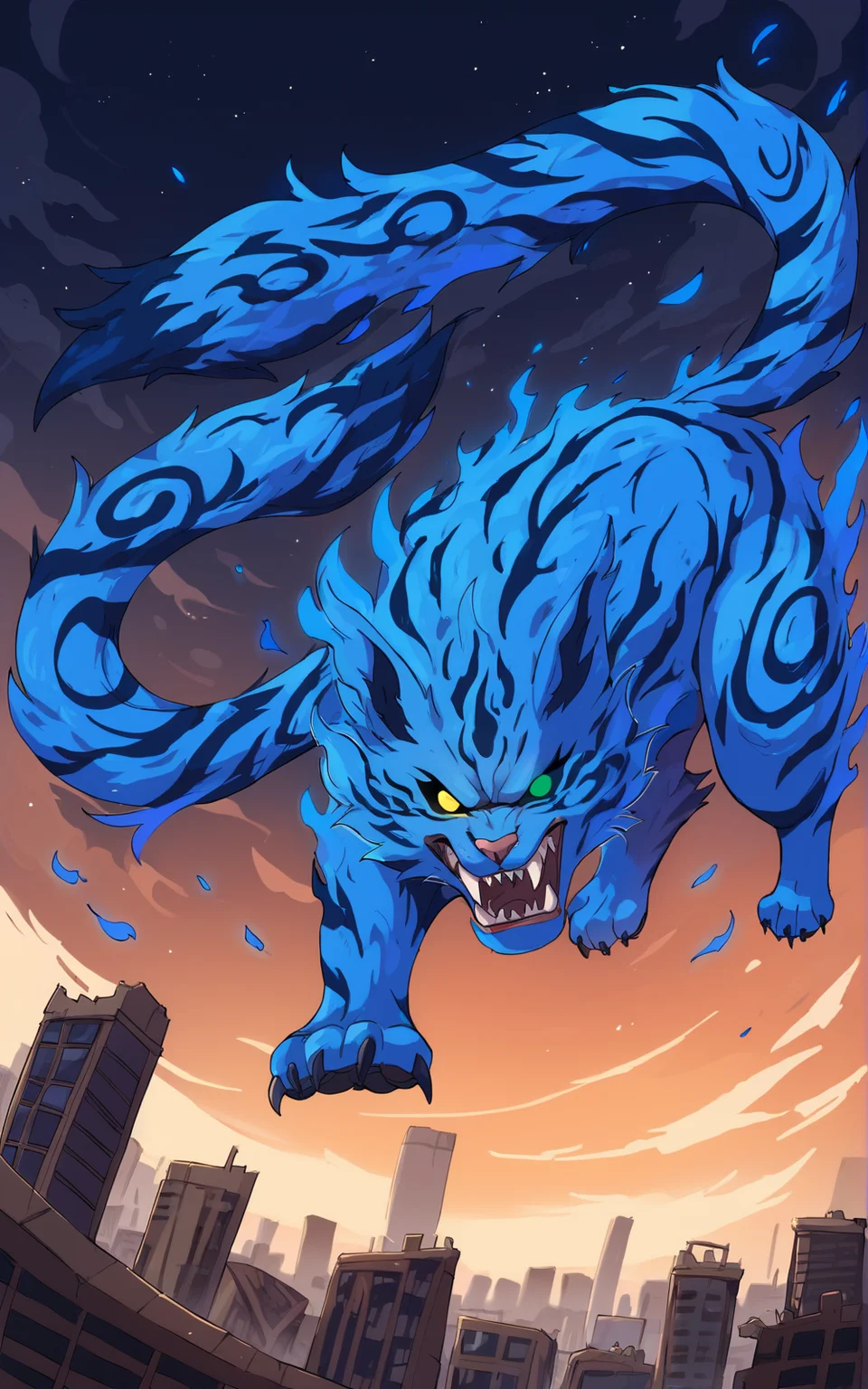 score_9, score_8_up, score_7_up,((best quality)), absurdres, ((full body)), <lora:BolivanteStyle:0.8>, <lora:MTTBPXL:0.8>,MTTBPXL, (two tails), claws, sharp teeth, stripes, furry, yellow eye, green eye, heterochromia, black sclera, fire effect, blue fur, blue skin, feral, angry , tails, giantess, city, night, feudal ,action pose, blue fire, destroyed city,solo,clouds