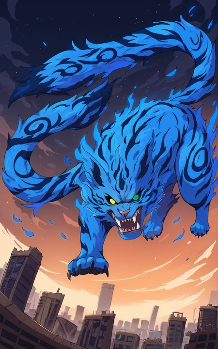 score_9, score_8_up, score_7_up,((best quality)), absurdres, ((full body)), <lora:BolivanteStyle:0.8>,  <lora:MTTBPXL:0.8>,MTTBPXL, (two tails), claws, sharp teeth, stripes, furry, yellow eye, green eye, heterochromia, black sclera, fire effect, blue fur, blue skin, feral, angry , tails, giantess, city, night, feudal ,action pose, blue fire, destroyed city,solo,clouds