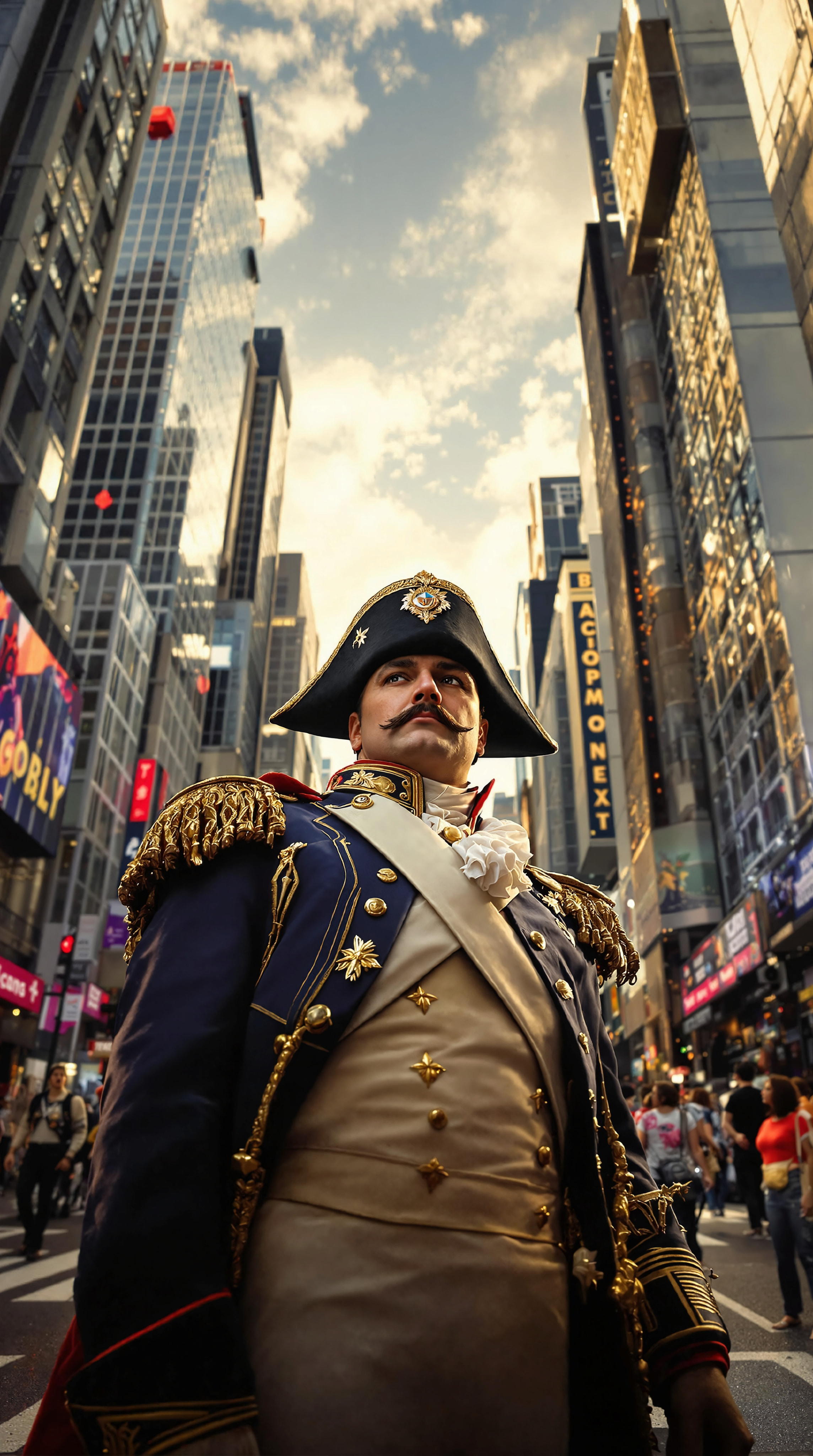 an epic, cinematic image of Napoleon Bonaparte, resplendent in his ornate military uniform and bicorne hat, standing triumphantly amidst the bustling streets of a contemporary city, surrounded by towering skyscrapers and advanced technology. Employ a shallow depth of field and bold color palette to accentuate Napoleon's central figure, using a low-angle camera shot to create a sense of drama and grandeur. Incorporate warm golden lighting, deep shadows, and a sense of dynamic tension, as if Napoleon is poised to conquer this strange new world.