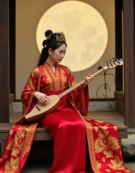 dunhuang, A woman is wearing a red and gold dress. She is sitting on a bench and playing a stringed instrument. There is a large moon behind her,masterpiece,best quality,(8k, RAW photo, best quality, masterpiece:1.2),(realistic, photo-realistic:1.37),stunning 8k fashion photo,