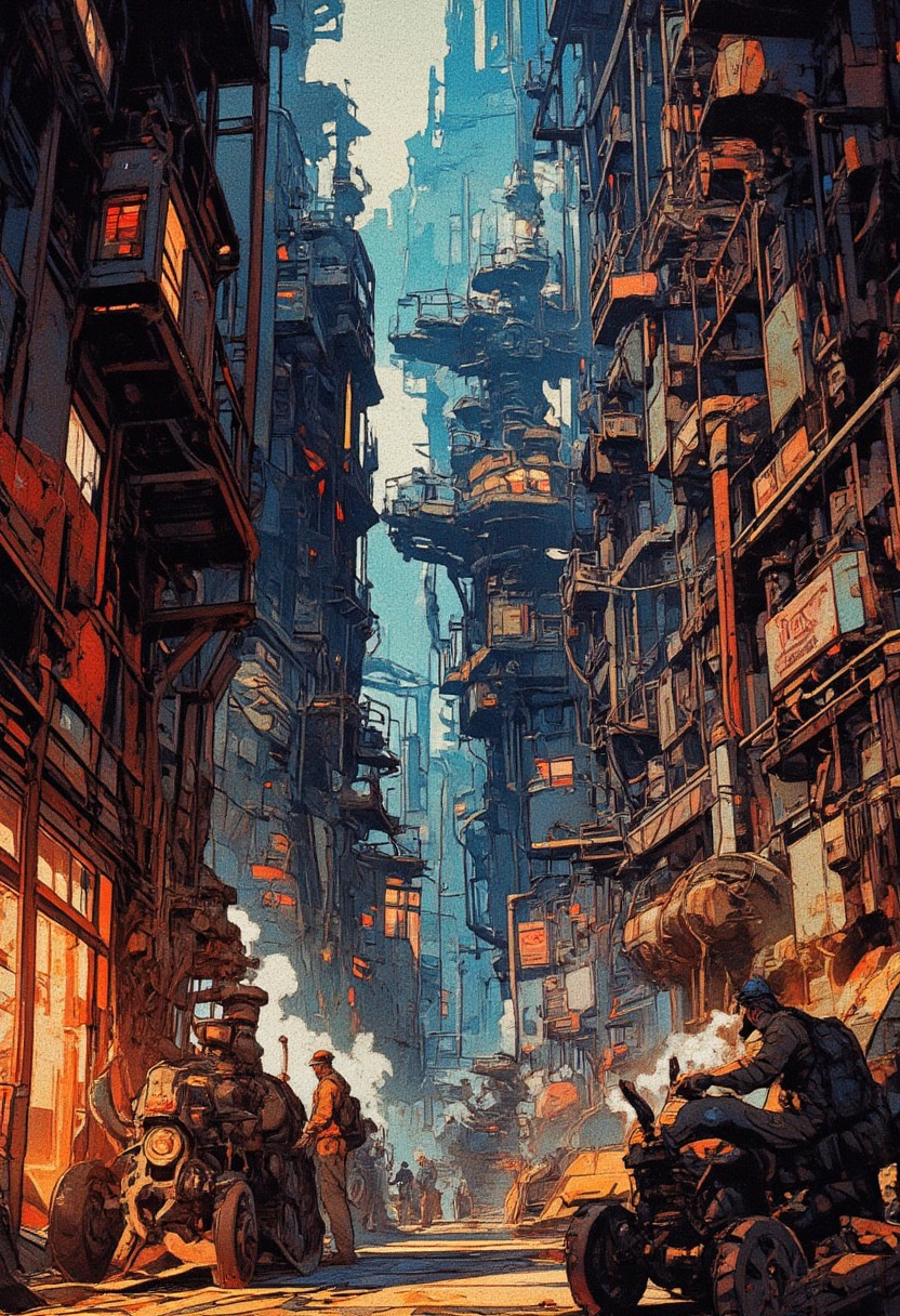 A massive underground steampunk metropolis, buried beneath Aetherion’s shining skyline. The Underworks is a maze of iron scaffolding, steam-powered lifts, and heavy machinery, its tunnels echoing with the sound of hammering metal and whirring gears. Steam hisses from massive pressure valves, casting an eerie glow against rusted walls. Smog-choked air and the scent of oil and molten metal linger. Haggard laborers operate complex machinery, their hands calloused from endless toil. The city above thrives on their labor, yet they remain unseen, ghosts in the machine. The environment is gritty, dense with detail, and alive with motion, creating a dystopian yet mesmerizing steampunk aesthetic
,  anime, cyberpunk