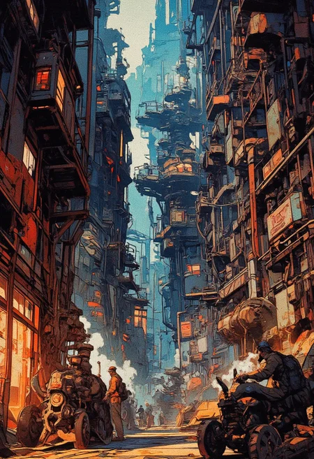 A massive underground steampunk metropolis, buried beneath Aetherion’s shining skyline. The Underworks is a maze of iron scaffolding, steam-powered lifts, and heavy machinery, its tunnels echoing with the sound of hammering metal and whirring gears. Steam hisses from massive pressure valves, casting an eerie glow against rusted walls. Smog-choked air and the scent of oil and molten metal linger. Haggard laborers operate complex machinery, their hands calloused from endless toil. The city above thrives on their labor, yet they remain unseen, ghosts in the machine. The environment is gritty, dense with detail, and alive with motion, creating a dystopian yet mesmerizing steampunk aesthetic
,  anime, cyberpunk