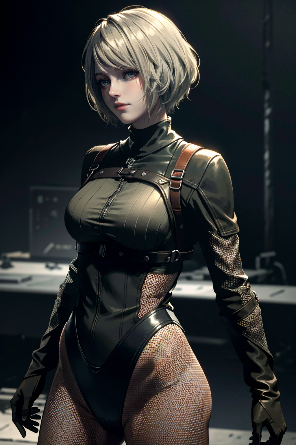 ((ultra detailed, masterpiece, best quality))
 <lora:RE4Ashley:0.8>
RE4Ashley, 1girl, solo, blonde hair, In a sleek and minimalistic studio, fishnet bodysuit, harsh shadows creating a high-contrast look, posing against a stark white backdrop with confidence