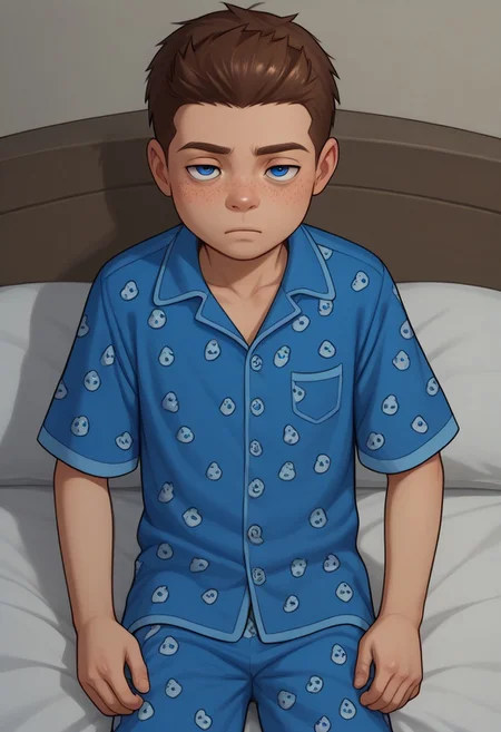 score_9, score_8_up, score_7_up, highly detailed, cute boy, 1boy, solo, young, Jack Power, Blue Eyes, Brown Hair, Freckles, sleepy, bags under eyes, Blue Pajamas, night, in bedroom