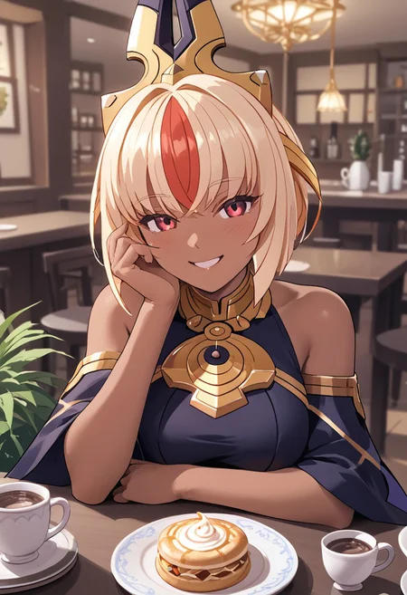 score_4,score_5,score_6,score_7_up,score_8_up,score_9 ((masterpiece,best quality,ultra detailed,highres,HD,4k:1.2)),
1 adult girl, solo,solo focus,girl focus,face focus,
Luxia,dark skin,dark-skinned femalemulticolored hair,blonde hair,short hair,bob cut,sidelocks,hair ornament,head ornament,red eyes,large breast,
indoor, cafe, pov date, across table pov, across table, Coffee on the table,sitting,
happy,smile,blush,