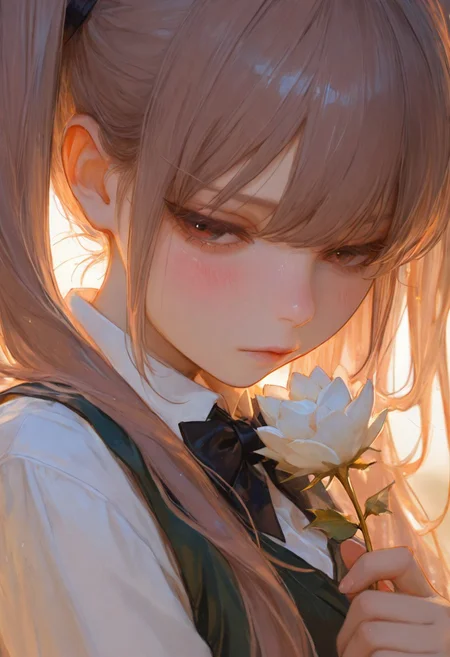 ((detailed pale skin, pink complexion, fine fabric emphasis, depth of field, dynamic pose, expressive pose, dynamic angle, masterpiece, best quality, ultra-detailed, Colored pencil, hyperdetailed, Semi-realism, antr)), (embedding:IllusP0s:1.2), perfect anatomy, high quality, intricate details, Ultra-high resolution, 8K, HDR, newest, absurdres, very aesthetic, sharp female focus, perfect eyes, (pretty, detailed face, beautiful, detailed eyes), ((1girl, solo, akazawa izumi, twintails)), light brown hair, hair ribbon, long hair, slim, solo focus, black bowtie, blush, closed mouth, green vest, holding flower, from front, sideway gaze, embarrassed, looking to the side, puffy cheeks, vest, white shirt, warm colors, backlighting,