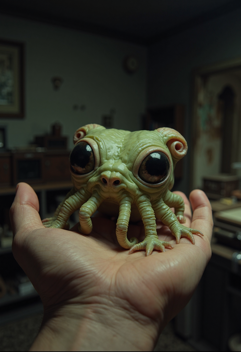 analog film photo image depicts a small, green, tentacled creature with large eyes and a bulbous body, resting on an open palm.
In the foreground, the creature's intricate details are visible: its numerous tentacles, each curled at the end, and its large, round eyes that seem to stare directly into the viewer. The creature's skin appears rough and wrinkled, with deep creases etched across its surface. Its body is a muted green color, with hints of brown and tan around the edges.
The background of the image is blurred, but it appears to be a dark room or space, with shadows cast on the walls. The overall atmosphere of the image is one of curiosity and fascination, as if the viewer is being invited to examine this strange creature up close.
The composition of the image is simple yet effective, with the creature centered in the frame and the palm serving as a subtle contrast to its alien appearance. The lighting is soft and diffused, which helps to emphasize the texture and detail of the creature's skin.
Overall, the image presents a captivating and intriguing scene that invites the viewer to explore the mysteries of this unusual creature . faded film, desaturated, 35mm photo, grainy, vignette, vintage, Kodachrome, Lomography, stained, highly detailed, found footage