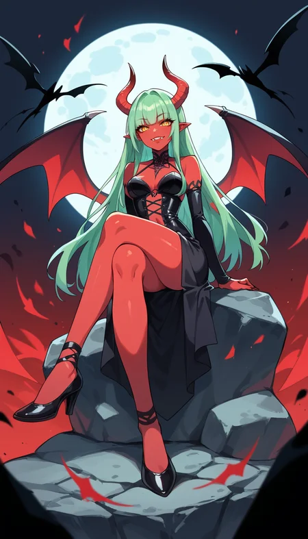 score_9, score_8_up, score_7_up, Anime Style, Full Body Shot, cute succubus girl, full red skin, seductive, innocent, light smile:0.3, plump lips, slender body, sitting over a rock, gothic, large demon red wings high resolution textures, long green hair, abstract art, half demon, yellow iris, cat eyes, vampire very long fangs, demon horns, crossed legs, moonlight passing through hair, full moon background, depth of field, dynamic angle, fashion photography, sharp, hyperdetailed:1.15