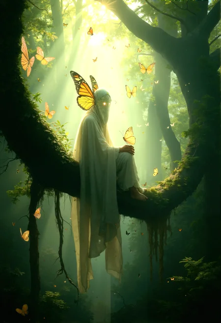 Photorealistic image of a figure with a luminous butterfly mask, draped in a cloak that merges with the forest around it. The scene is set in a sunlit glade, with ethereal butterflies casting delicate light patterns on the figure and the surrounding greenery.
The figure sitting on a tree branch high above the ground, with their legs dangling and a butterfly resting on their knee, surrounded by the dense canopy of the forest.
An over-the-shoulder shot from behind the figure, capturing their view of the forest and the butterflies, with their glowing face casting light on the scene ahead.
The butterflies arranged in a spiraling pattern around the figure, creating a sense of movement and guiding the viewer’s eye through the composition.The lighting subtly varied in intensity, with soft rays of sunlight breaking through the canopy, creating dynamic highlights and shadows on the figure and the forest.
A low-angle shot from the ground looking up at the figure, emphasizing the towering trees and the butterflies fluttering around, with the sunlight filtering through the canopy.
cinematic lighting, extremely intricate detail character, accurate depiction of character, correct body anatomy, correct hands and fingers, extremely intricate skin and facial texture detail, design,lifelike potrayal, extrememly realistic lighting, sharp background detail,