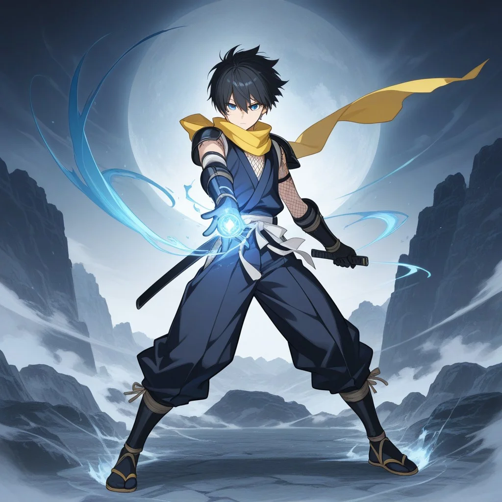 score_9, score_8_up, score_7_up, score_6_up, highly detailed, masterpiece, best quality, detailed, intricate details, amazing quality, best aesthetic, absurdres, source_anime, male focus, 1boy, scarf, shoulder armor, ninja, gauntlets, fishnets, vambraces, black gloves, tabi,, bandaged arm, black hair, blue eyes, male focus, yellow scarf, tattoo, short hair, magic, wind, masterpiece,best qualit,ultra-detailed,illustration,an extremely delicate and beautiful,beautiful detailed eyes,unity 8k wallpaper,high resolution,anime CG,official_art,