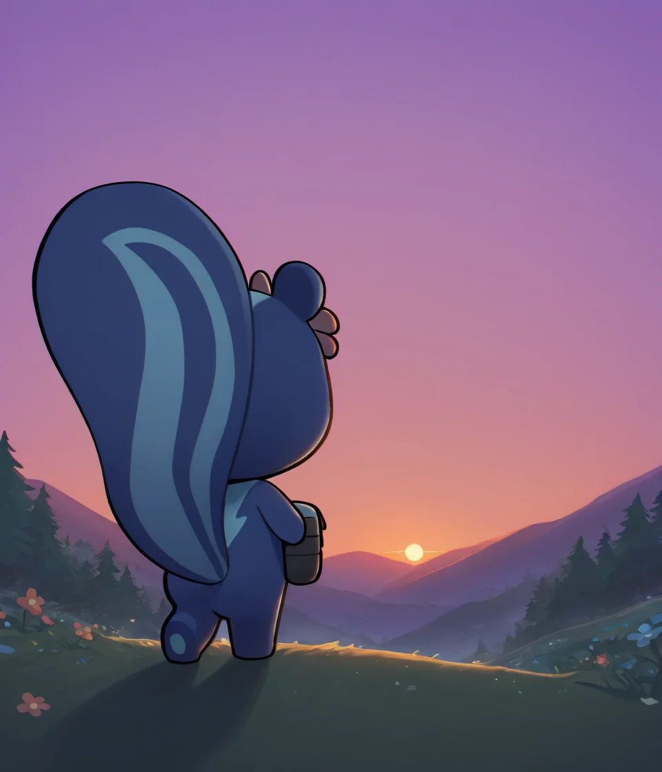masterpiece, best quality, safe, furry female, solo, petunia, chibi, blue fur, skunk, flower, hiking, hike gear, green scenery, foliage, strive, sightseeing, stranded, deep woods, dusk, purple sky, light shafts, chromatic aberration, cute, detailed background, perspective, cinematic, detailed, shading (art by youjomodoki:1.2)