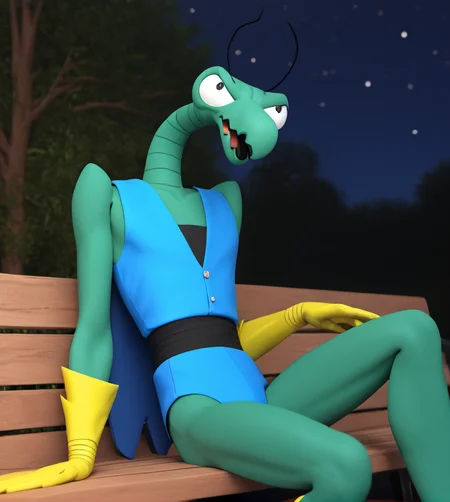 score_9, score_8_up, score_7_up, high res:1.5, digital media (artwork), 3d, 3d (artwork):1.3, blender (artwork), solo focus, z0r4k, insect, mantis, dokarian, beak, black antennae, long neck, green skin, big eyes, black pupils, yellow gloves, blue vest, anthro, male, reclining, bench, looking up, stargazing, night, stars, <lora:Zorak_-_Space_Ghost:1>
