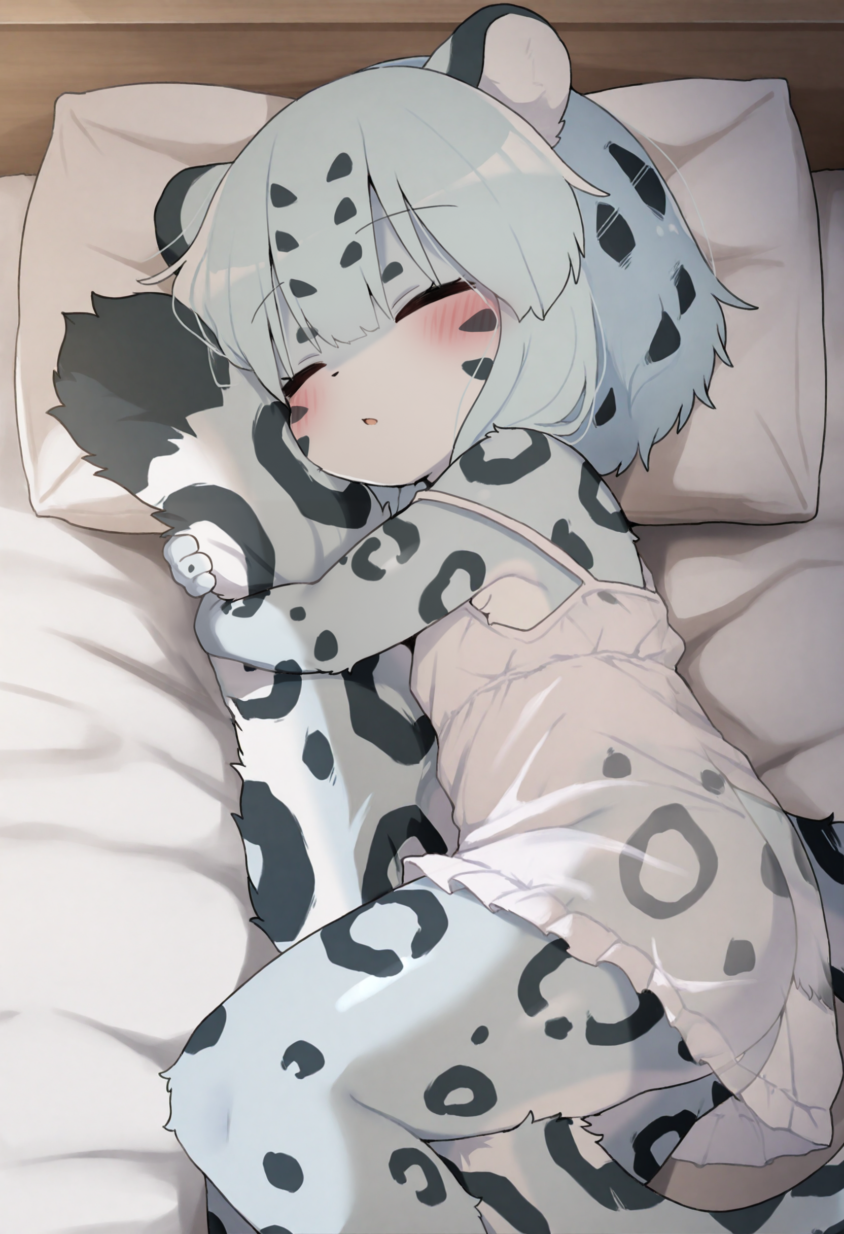 1girl,furry female,anthro,yuki-chan,leopard girl,leopard ears,leopard tail,snow leopard,leopard print,animal nose,multicolored fur,blue fur,white fur,body fur,light blue hair,multicolored hair,facial mark,flat chest,
(dagasistyle:0.8),indoors,on bed,bed sheet,pillow,
lying,on side,sleeping,(hugging own tail:1.1),between legs,
parted lips,closed eyes,
white nightgown,see-through clothes,frilled nightgown,bare legs,
masterpiece,best quality,highres,absurdres,newest,very awa,uncensored,