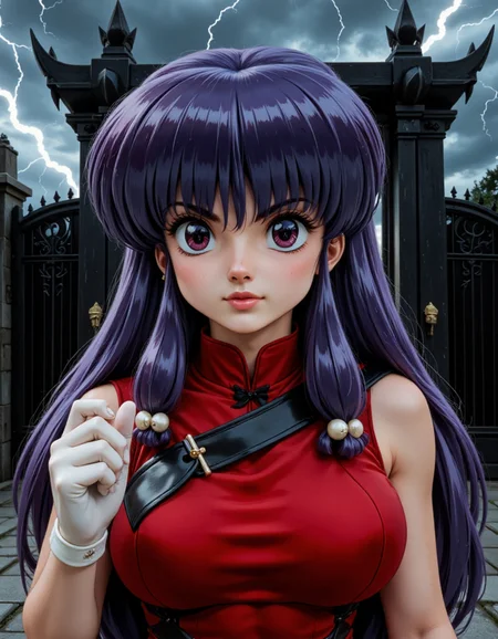 Shampoo_Ranma_Real_Final, Extreme close-up portrait of Shampoo, cropped from upper chest to mid-forearm, set in the foreboding atmosphere of a dark fortress gate. Her purple eyes gleam with a fiery resolve, a sharp contrast to her smooth, fair skin. Her long purple hair flows down her back, with strands framing her focused, determined expression. She wears her signature red Chinese-style dress, which is now armored with dark metal plates for protection, and her white martial arts gloves are visible, clenched tightly in preparation. The background reveals the looming, imposing gates of the fortress, made of black iron and surrounded by jagged stone walls. The sky above is stormy, with flashes of lightning illuminating the dark, ominous atmosphere of impending battle. [Composition: Tight 85mm lens effect, intensifying Shampoo’s readiness and determination against the dark, oppressive fortress backdrop.]
