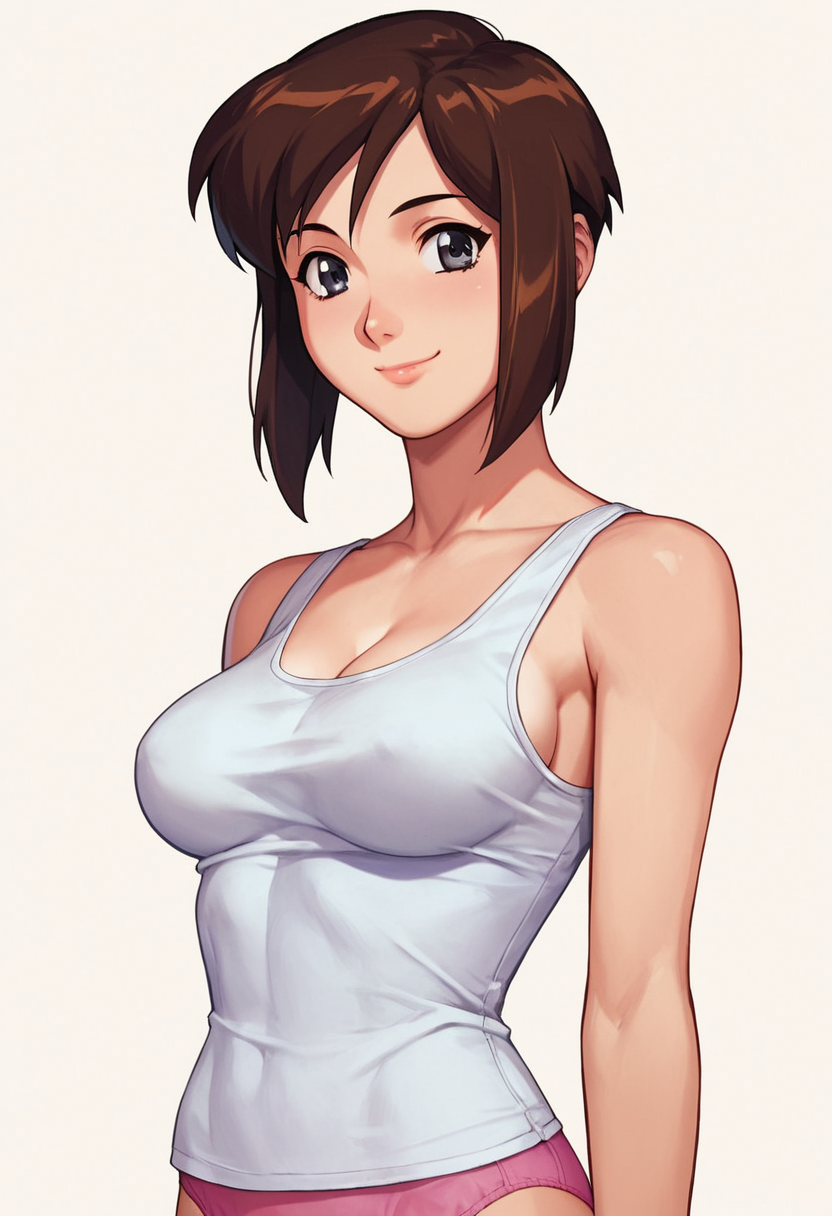 score_9, score_8_up, score_7_up, score_6_up, 1girl, solo, 
Linna, brown hair, gray eyes, white tank top, pink panties, smile,
detailed eyes, perfect face, perfect eyes, sexy, sexy girl, beautiful eyes, petite body, medium breasts, standing, posing, simple background, dynamic angle, <lora:Linna Yamazaki _ Bubblegum Crisis Tokyo 2040_epoch_10:1>